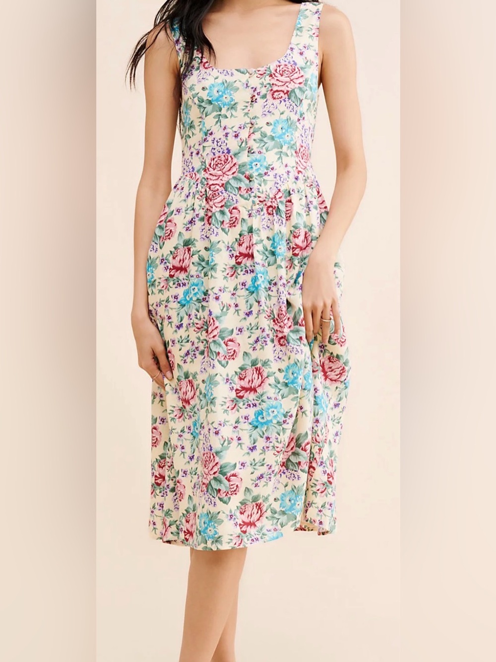 ROLLA’s Butter Yellow Floral Scoop Neck 80’s Style Midi Dress